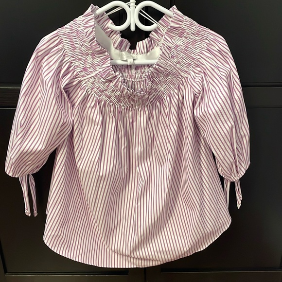 NWOT CAROLINE CONSTAS OFF SHOULDER TOP STRIPED WHITE & PURPLE. Size SMALL - Picture 1 of 8